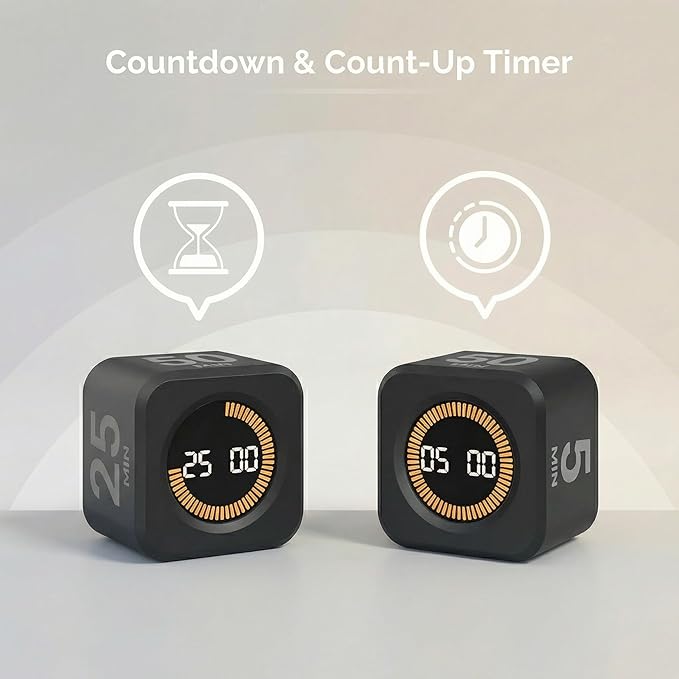 KADAMS Pomodoro Cube Timer Productivity Visual Timer - 5/10/25/50 Min Rotating Countdown (2 Pack Black & White)
