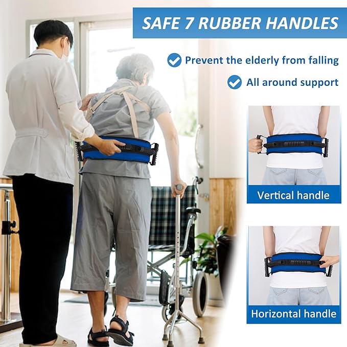 Gait Belt for Seniors, Transfer Belt with 7 Nylon Padded Handles, Medical Belt for Lifting Patients, Safety Gait Belt for Elderly Easy to Use Quick Release Buckle(Blue)