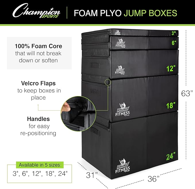 Champion Sports Foam Plyometric Box Set with 6", 12", and 18" Included - Durable Jump Boxes for Training with Handles, Hook and Loop Flaps - Stackable Cross Traning Plyo Box, Jumps for Gym