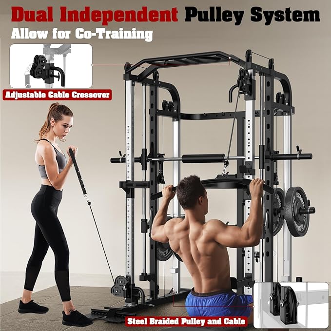 Smith Machine, Multifunctional Power Cage Rack with Smith Bar and Cable Pulley System, and LAT Pull Down Machine for Home Gym…