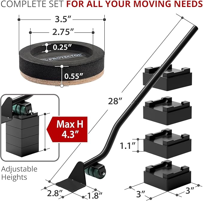 X-Protector Felt Furniture Sliders for Hardwood Floors & Furniture Lifter Tool Set - 4 PCS 3 1/2" Sliders for Furniture with Furniture Jack. Move Your Furniture Easily with Premium Furniture Movers!