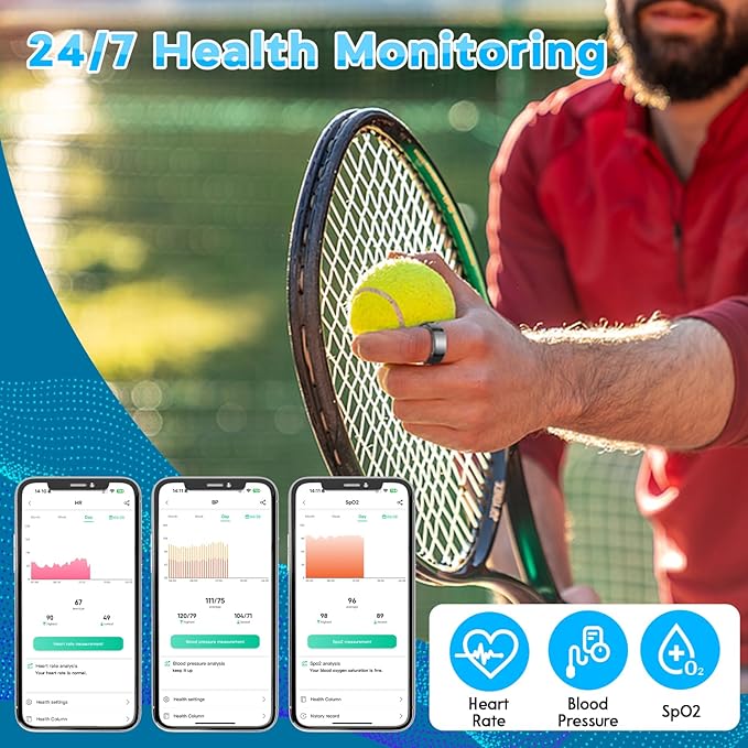 Smart Health Ring for Women Men,Fitness Rings Tracker with Blood Pressure Monitor Heart Rate Blood Oxygen Sleep Monitor IP68 Waterproof Step Counter Calorie Tracker Health Rings for Android iOS Phones