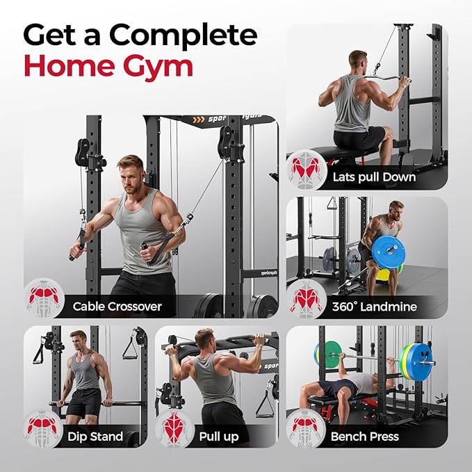 Sportsroyals Squat Rack, LAT Power Cage, Power Rack Multi-Function with Pulley System and Training Attachments for Home Gym