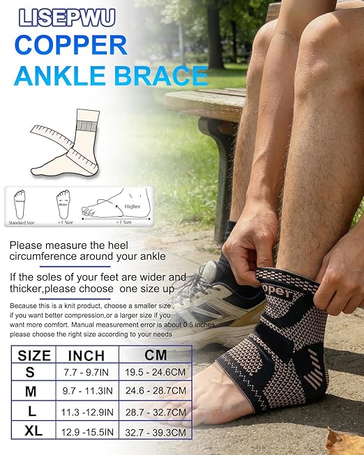 LISEPWU Copper Ankle Brace, Copper Infused Ankle Support Compression Sleeve for Men & Women, for Foot Pain Relief, Sprained Recovery, Achilles Tendonitis, Daytime or Night Use(L)