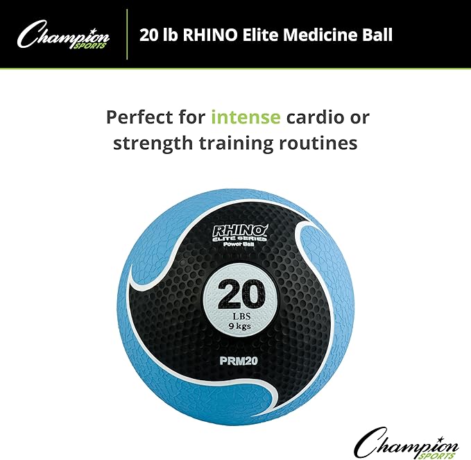 Champion Sports Rhino Elite Medicine Ball – Textured Surface, Superior Grip, Hollow Synthetic Rubber for Consistent Bounce & Durability, Multiple Weights & Colors - Optional Rebounder Sold Separately