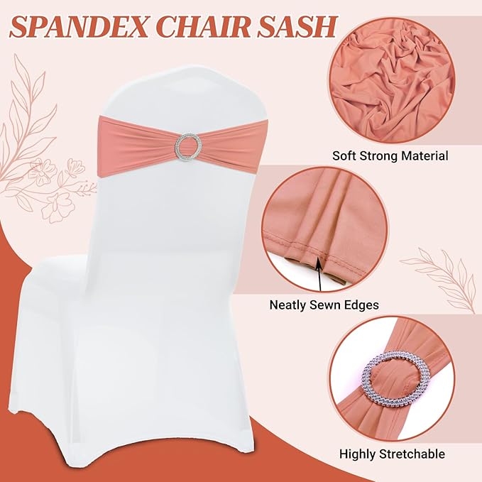 VDS - Coral Peach | Spandex Chair Sashes Bows | 150 PCS | Stretch Elastic Banquet Universal Folding Chair Band Tie with Silver Buckle Slider for Wedding Party Conference Celebration Event Decoration