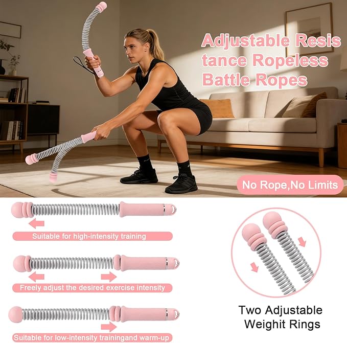 Weighted Ropeless Battle Ropes, Heavy Duty Portable Cordless Battle Ropes for Home Gym, Exercise Equipment for Low-Impact Aerobic Training, Strength & HIIT, for Men & Women (Pink)