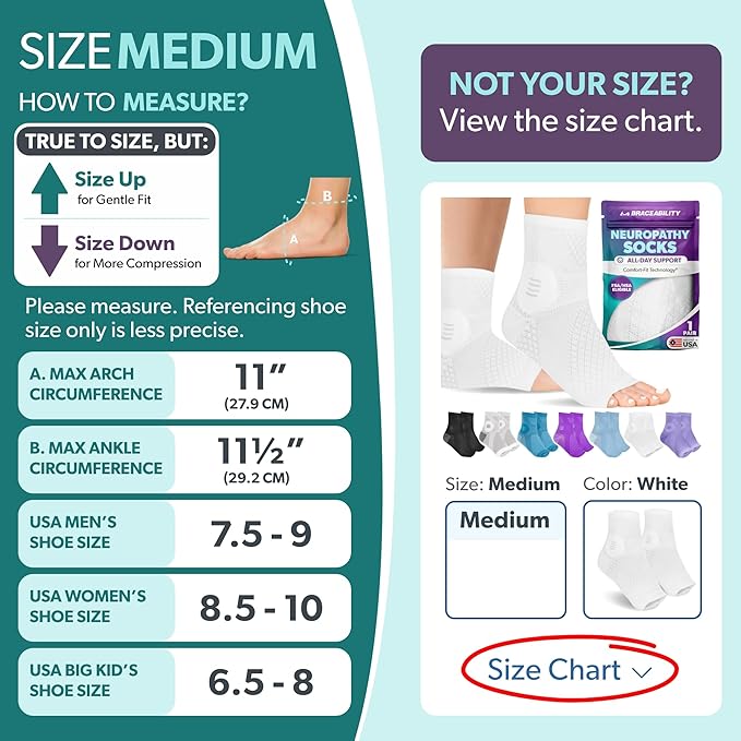 BraceAbility Neuropathy Socks (Pair) - Peripheral Neuritis Compression Diabetic Toeless Foot Sleeves for Nerve Damage Pain in Feet, Ankle Gout, Plantar Fasciitis Relief Brace for Men and Women (M - White)