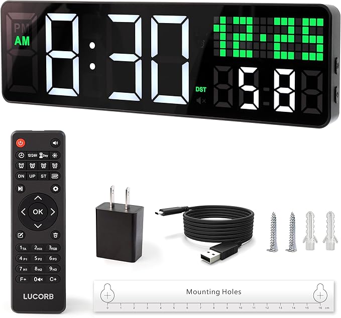LUCORB Gym Clock with Seconds, 12" Digital Wall Timer Clock for Home Gym, Remote Interval Timer with Tabata HIIT Countdown, Voice Prompt | 5 Display Modes | 4 Training Alarms