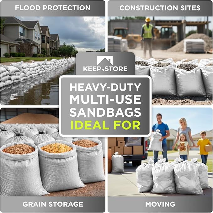 Heavy Duty Sand Bags Pack of 5, White Empty Sandbags with Built-In Ties, Woven Polypropylene UV Protection 1600 Hours, Fillable Bags for Flood Control, Weight, 18x30 inches, 75 Pounds Volume