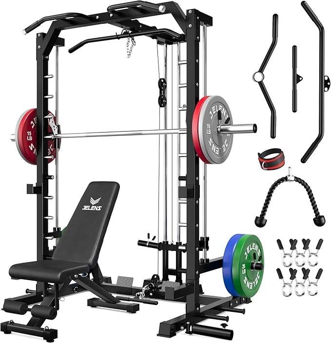 JELENS SR01 Smith Machine, 2000LBS Multi-Function Power Cage with LAT Pulldown System, All-in-One Home Gym Squat Rack with Smith Bar and Training Attachments for Full Body Workouts
