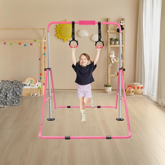 YEEGO DIRECT Gymnastics Bar for Kids with Rings, Folding Gymnastics Bars Horizontal Bar for Kids Ages 3-10, Expandable for Home Training Kids Gifts for Girls Boys