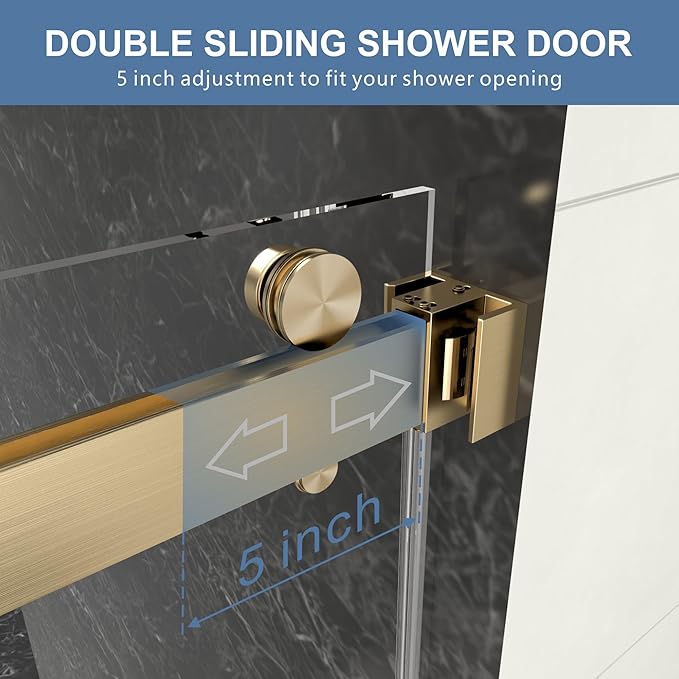 56-60" W x 72" H Frameless Shower Door, Double Sliding Glass Shower Door with 5/16" (8mm) Clear SGCC Tempered, Roller Disc System, 304 Stainless Steel (Brushed Gold, 56-60" W*72" H)