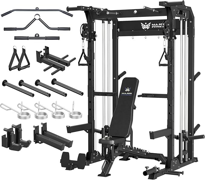 MAJOR FITNESS F22 Power Rack, 1600lbs All-in-One Squat Rack with Dual Pulley System, Heavy-Duty Steel Frame, Attachments & Storage for Home Gym Strength Training