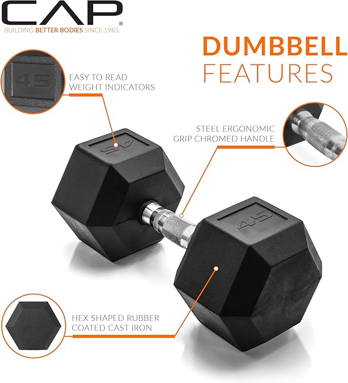 CAP Barbell Coated Hex Dumbbell Weight - Single | 10-120 lbs | Multiple Options