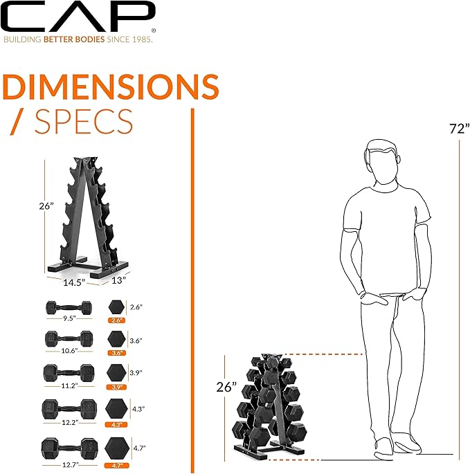 CAP Barbell 150 LB Coated Hex Dumbbell Weight Set with Vertical Rack | Multiple Options