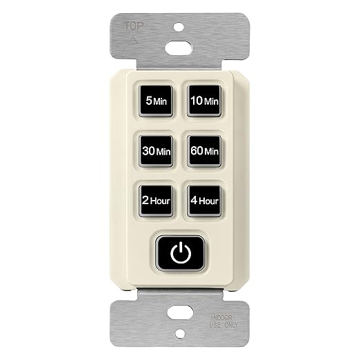 TOPGREENER 4-Hour No Neutral Wire Countdown Timer Switch, 5-10-30-60 Min 1-2-4 Hour Settings, for Fans and Lights, 120VAC 60Hz, 1/2HP, 150W LED, UL Listed, TGT06-4H-JT-LA, Light Almond
