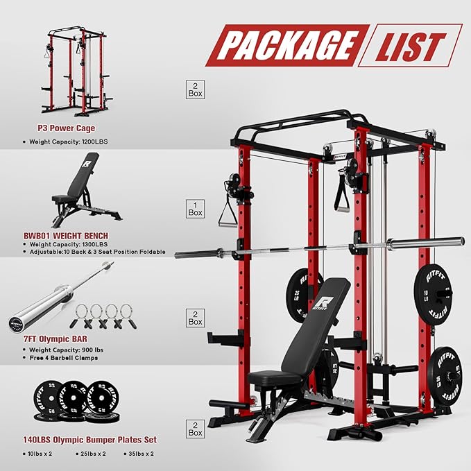 RitFit Multi-Function Garage & Home Gym Package Includes 1200LBS Power Cage PPC03/P3 with Cable Crossover System, Weight Bench, Olympic Barbell Weight Set, Full Body Workout