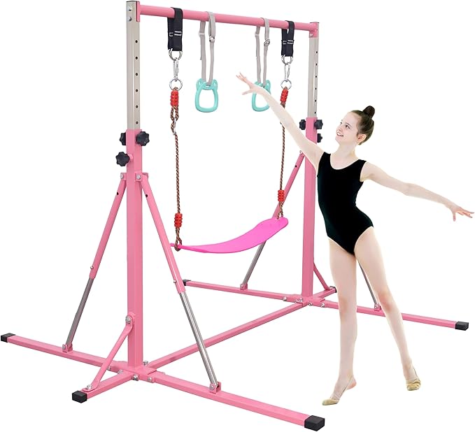 Foldable Gymnastics Bar,5FT Horizontal bar,Adjustable Kids Training bar for Kids Ages 3-15,Kids Gymnastics bar,Triangle Stable Structure-Gym Equipment for Home
