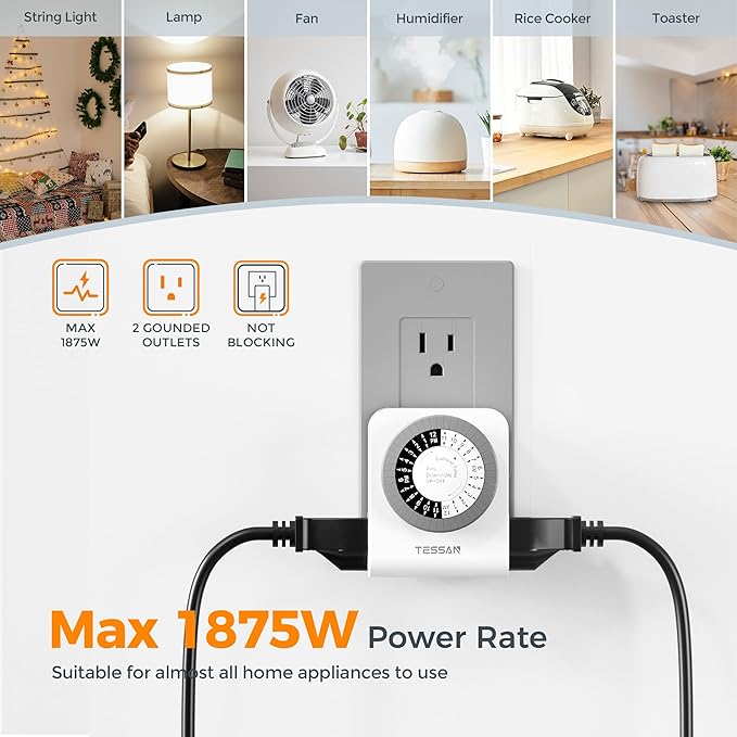 TESSAN Outlet Timer, Mechanical 24-Hour Light Timers for Electrical Outlets Indoor, Dual 3-Prong Sockets 30-Minute Intervals, for Lamps, Christmas Lights, Fans (2 Pack)