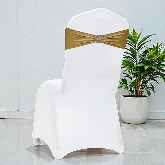 VDS - Gold Glitter | Spandex Chair Sashes Bows | 300 PCS | Stretch Elastic Banquet Universal Folding Chair Band Tie with Silver Buckle Slider for Wedding Party Conference Celebration Event Decoration