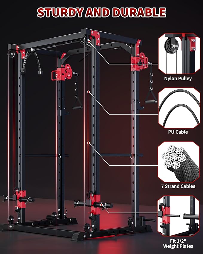 GarveeLife Power Cage, Power Rack with Cable Crossover System, 2000LBS Squat Rack with LAT Pull Down System, Workout Cage with Pulley System for Fitness Home Gym Strength Training(Red and Black)