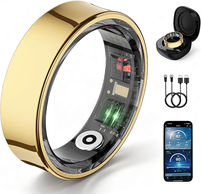 Smart Ring for Women& Men, Fitness Ring & Sleep Tracker Health Tracker With Heart Rate & Blood Oxygen Monitor, Step Counter Ring,IP68 Waterproof, No Subscription Fee for IOS & Android (Gold, #9)