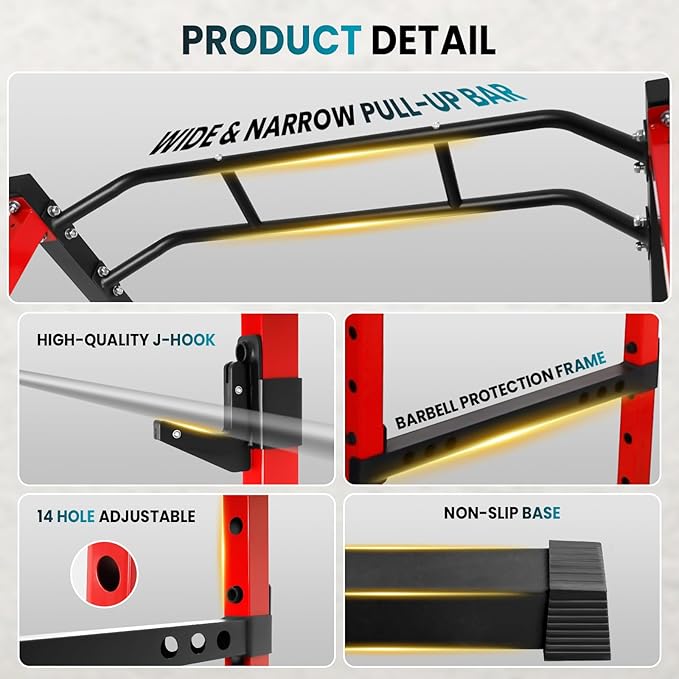 POWKOL Squat Rack Power Cage, 1200lb Capacity, 14-Hole Adjustable Height, Multi Functional Squat Rack for Home Gym With Safety Arms and J-Hooks, for Garage Gym Home Fitness Training
