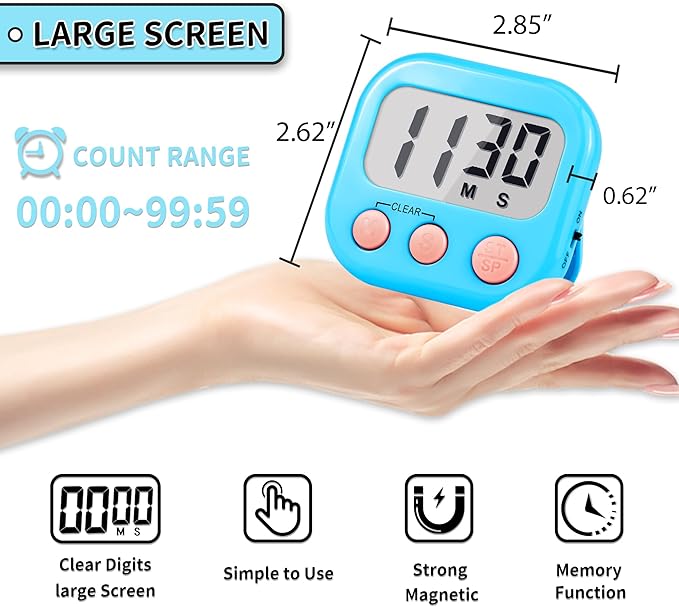 Timer for Kids Teachers Supplies Digital Kitchen Timers for Cooking Large Magnetic Classroom Timer 12Pack-Blue White