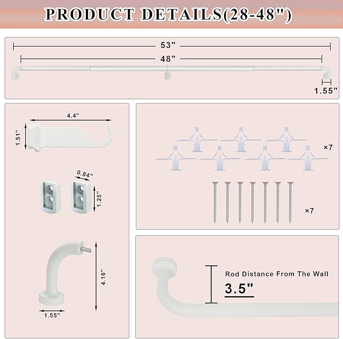 Matte White Curtain Rods for Windows 28 to 48",1 Inch Disc Wrap Around Curtain Rod with Aluminum Finials and Brackets,No Screw Disassembly Adjustable Blackout Curved Room Darkening Curtain Rod
