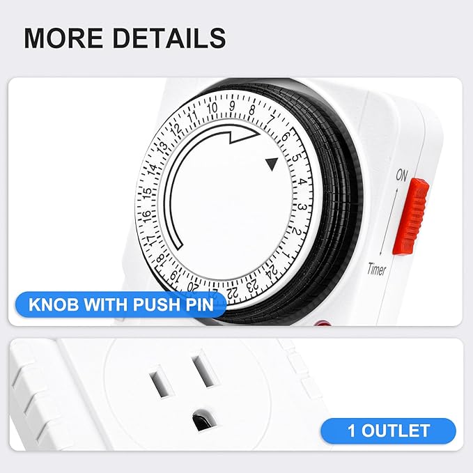 Baomain 24-Hour Indoor Mechanical Timer, 15A 125VAC ON/Off Single Outlet,3-Prong Plug Timer BND-60/U39N,ETL Listed