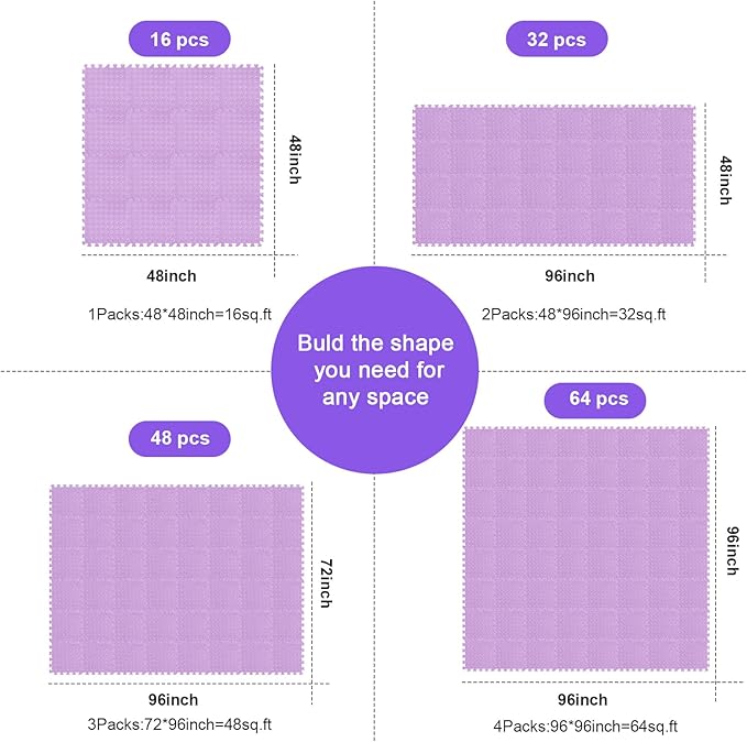 Shihanee Foam Floor Tiles Foam Floor Mats Play Mats Bulk with Borders Interlocking for Bedroom Gym Nursery(11.8 x 11.8 Inch,Purple)