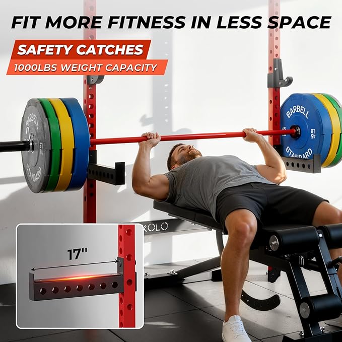 Mikolo 2" x 2" Folding Wall Mounted Squat Rack, 1000 Pounds Capacity Power Rack with Pull Up Bar, J Hooks and Other Attachments, Space-Saving Home Gym