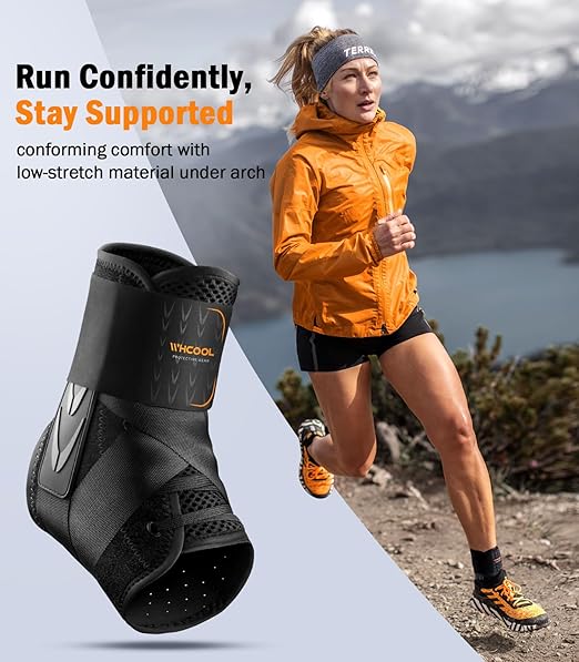 Slim-Fit Ankle Brace for Sprained Ankle, Quick Lace Up Ankle Support for Women Men with 2 Auto-Shaped Pads, Air Fabric Cool Ankle Stabilizer for Injury Recover, Running,Sports, XL(14”-15”)