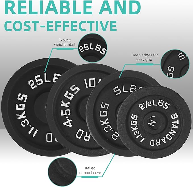 Fitvids Barbell Weight Set, Cast Iron 1" Standard Weight Plates Including 5FT Standard Barbell Bar & Star Locks, 95 Pounds Set (85 Lbs Plates + 10 Lbs Barbell Bar), Multiple Packages