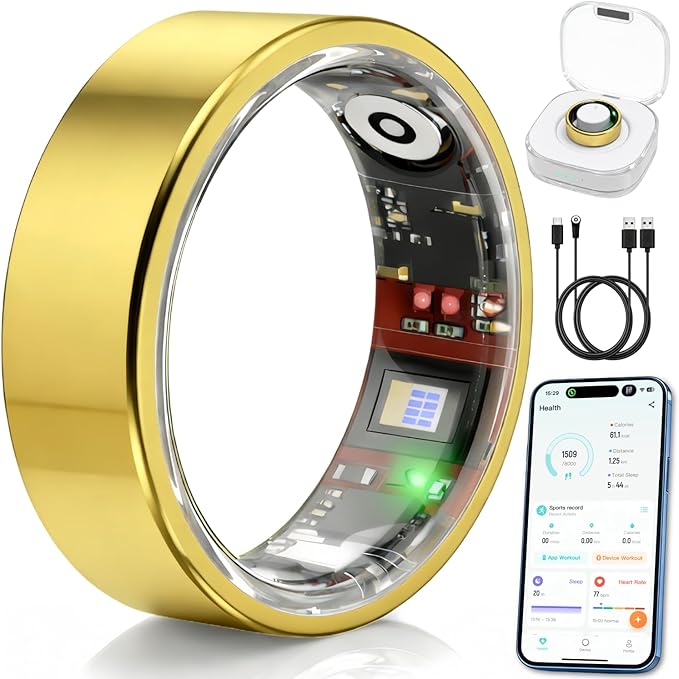 Smart Ring Health & Fitness Tracker for Men & Women – Sleep, Heart Rate, SpO₂, HRV & Stress Tracking – BP & Women Health Support, 180+ Sport Modes, IP68 Waterproof, No Subscription Fee (Gold, 11)