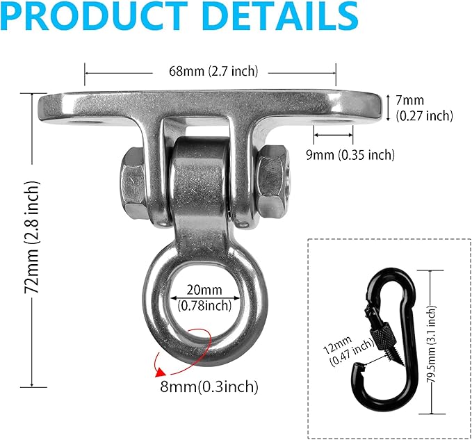 Stainless Steel Heavy Duty 180° Swing Hanger Kit - Ceiling Mount with Hook for Porch Swing, Hammock Chair, Yoga Swing, Punching Bag, 1000 LB Capacity, Rust-Resistant Hardware Included