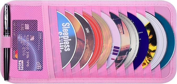 Car CD Case Holder, Wisdompro Vehicle Sun Visor Organizer for Cars with 12 DVD Storage Sleeves, 1 Mesh Pocket, 1 Pen Holder and Elastic Strap, Pink