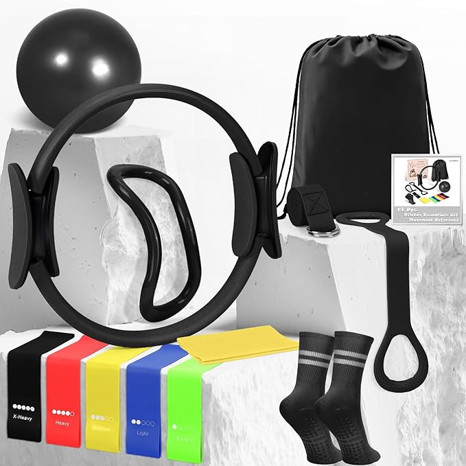 Pilates Kit for Women 13PCS, Pilates Ring and Ball Set with Magic Circle, Resistance Bands Set, Figure 8 Band, Yoga Ring & Grip Socks, Home Workout Equipment Essentials Starter Kit for Beginners