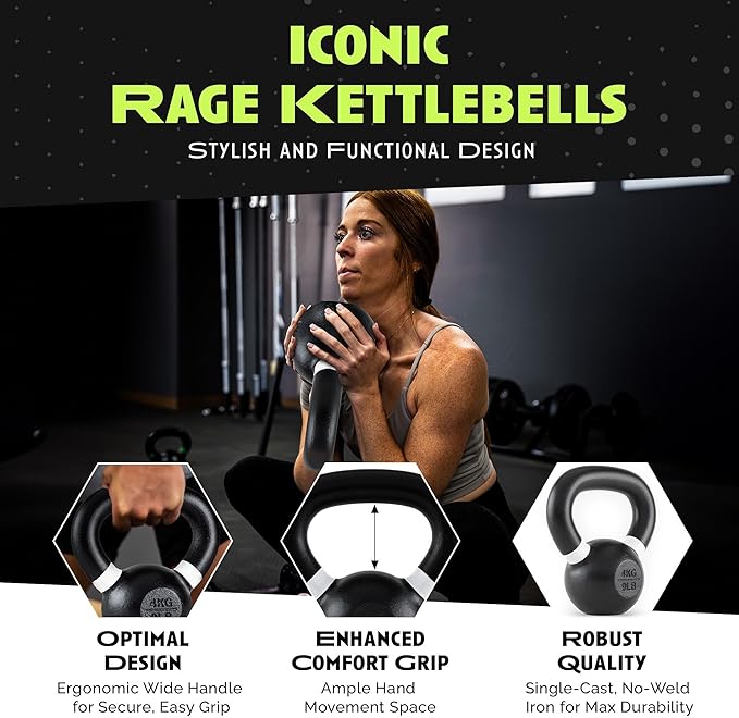 Rage Fitness Single Cast Iron Kettlebell | Powder Coated - Wide Handle Weights for Core & Glute Workouts; Swings, Squats, Deadlifts; Strength, Endurance & Flexibility for Men & Women