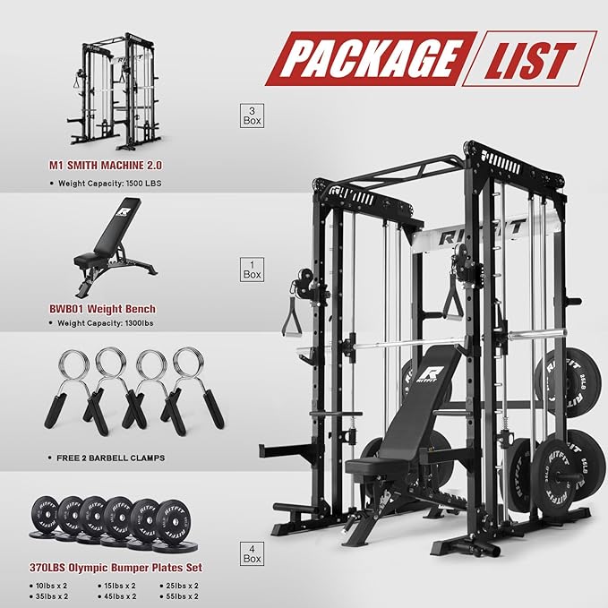RitFit M1 Pro Smith Machine with Cable Crossover System, Multi-Function Squat Rack Power Cage for Home Gym, Power Rack and Packages