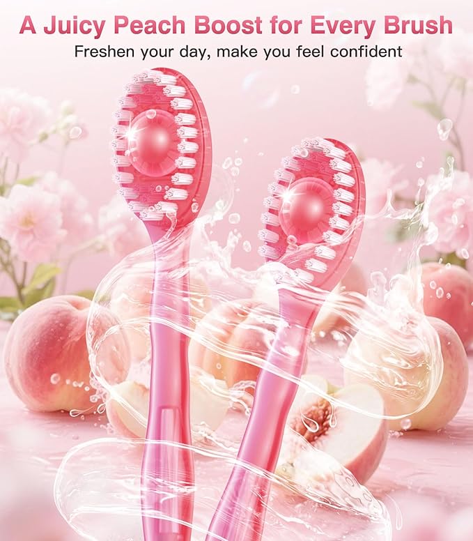 12 Pack 5 in 1 Disposable Mini Toothbrushes with Toothpaste, Floss, Pick & Tongue Scraper, Individually Wrapped, Portable Toothbrush Travel Set for Kids Adults, Peach Flavor