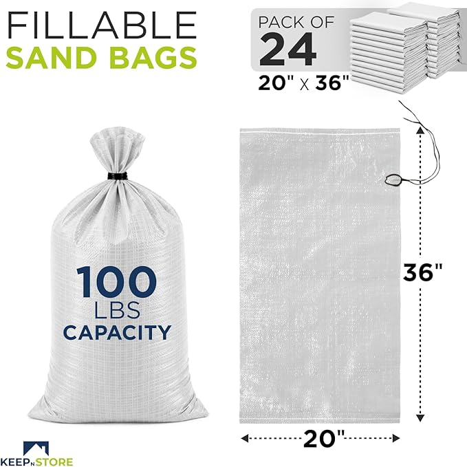 Heavy Duty Sand Bags Pack of 24, White Empty Sandbags with Built-In Ties, Woven Polypropylene UV Protection 1600 Hours, Fillable Bags for Flood Control, Weight, 20x36 inches, 100 Pounds Volume