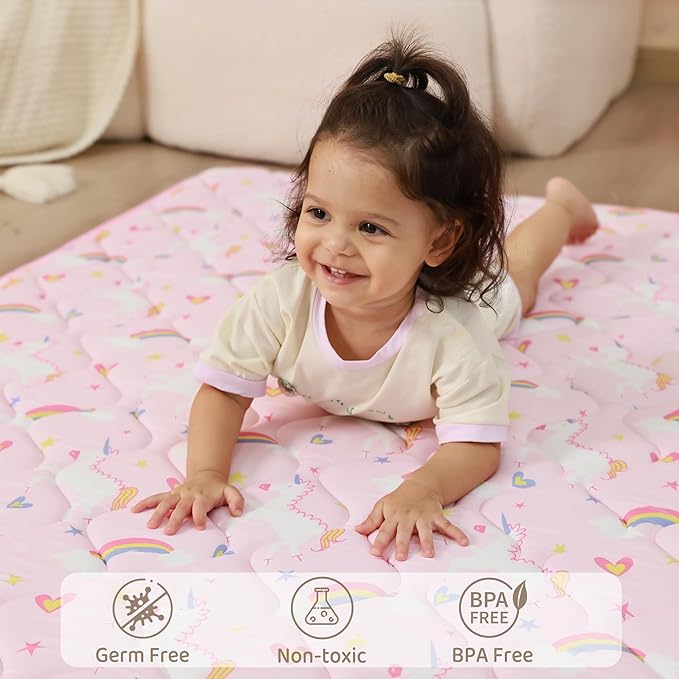 Viviland Baby Play Mats for Floor, Thicken Cushioning Padding Foam Playmate for Baby and Toddlers Infants, 71" x 59" Playpen Mat, Non-Slip & Machine Washable - Pink Unicorn