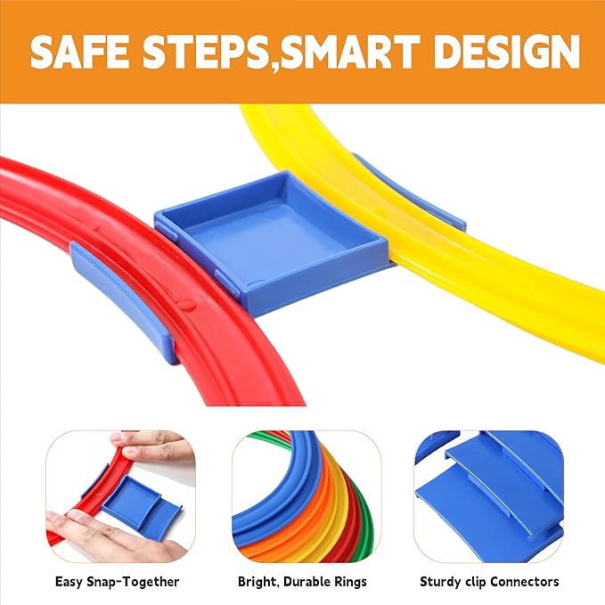 Hopscotch Rings, 2-Set – 20 Round Hoops (11-inch) + 30 Connectors, Agility Rings for Kids, Builds Gross Motor Skills, Preschool & Kindergarten PE, Indoor/Outdoor Playground Obstacle Course