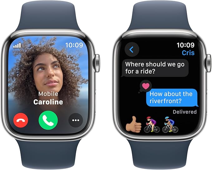 Apple Watch Series 9 [GPS + Cellular 45mm] Smartwatch with Silver Stainless Steel Case with Storm Blue Sport Band M/L. Fitness Tracker, Blood Oxygen & ECG Apps, Always-On Retina Display