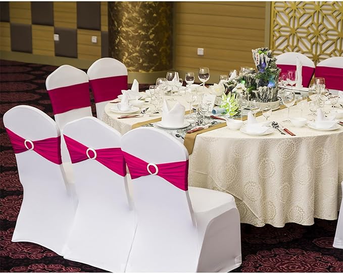 100 Pack Spandex Hot Pink Chair Sashes for Wedding - Stretch Fuchsia Chair Bows Sash Bands with Buckle for Party Birthday Banquets Bridal Baby Shower Events Decorations
