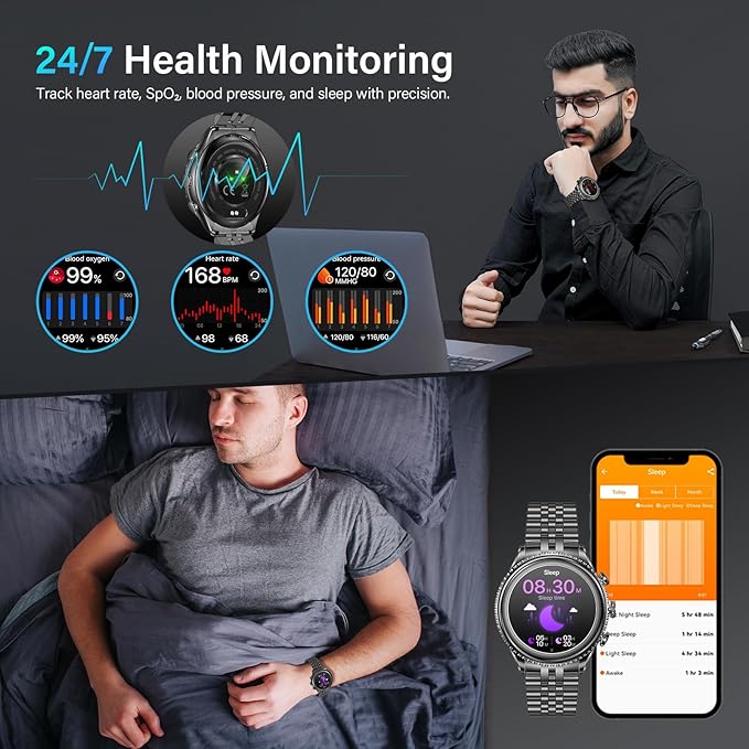 2026 Rotating Bezel Smart Watch for Men with Bluetooth Call, Heart Rate, Blood Pressure, SpO2, Sleep Monitor, Waterproof Round Watch with Encoder Knob, 1.32" AMOLED Display, Compatible Android and iOS