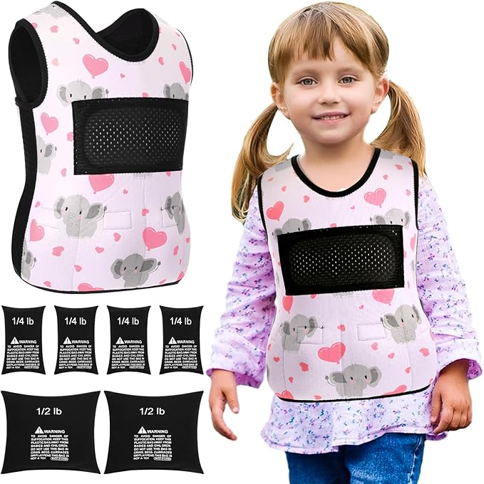 Janmercy Weighted Vest for Kids Ages 4 to 7 and Ages 8+ Boy Girl Adjustable Breathable Compression Vest for Processing Issue(Elephant,Small,Pink)