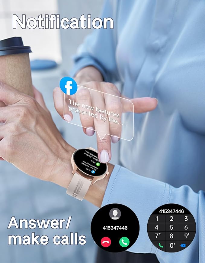 HUAKUA Smart Watches for Women Men (Answer/Make Calls) Compatible with iPhone/Android Phones, Round Smartwatch Fitness Tracker with Heart Rate Monitor Sleep/Steps Tracker Waterproof (Starlight/Gold)